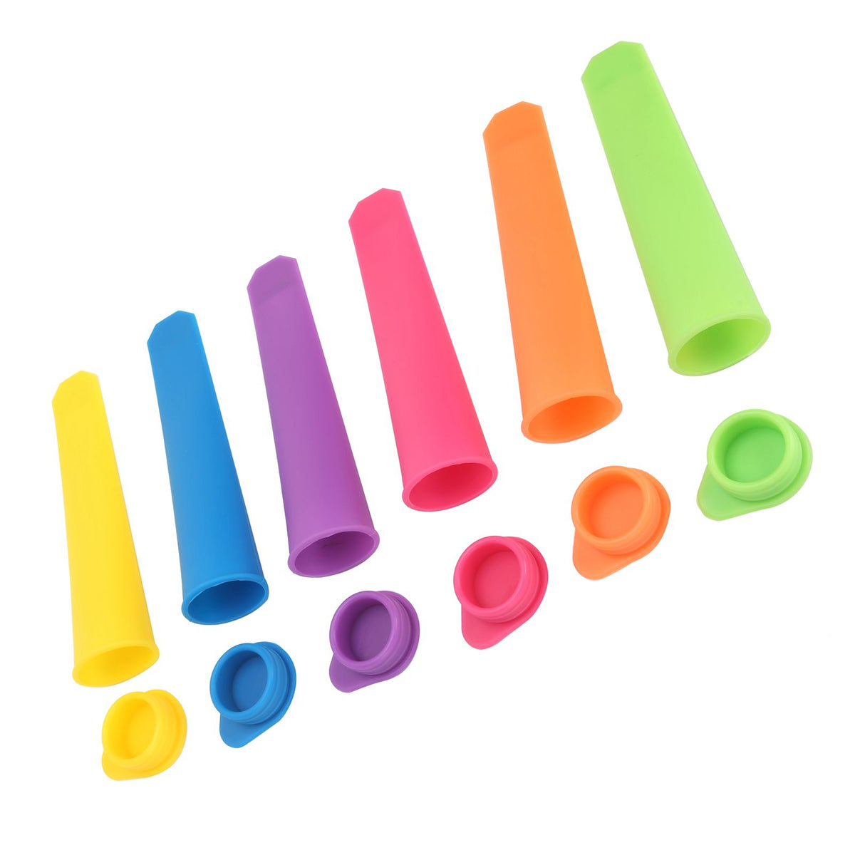 Six reusable silicone ice cream molds with lids for kids and adults, perfect for making DIY ice bars and pretend play.