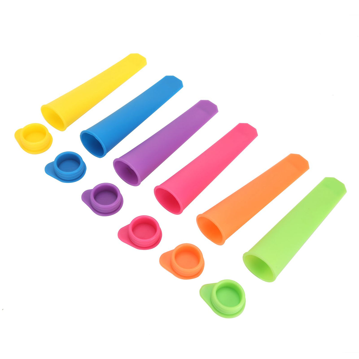 Six silicone ice cream molds with lids from Everything Baby, reusable DIY ice bar maker for kids and adults, shown in use.