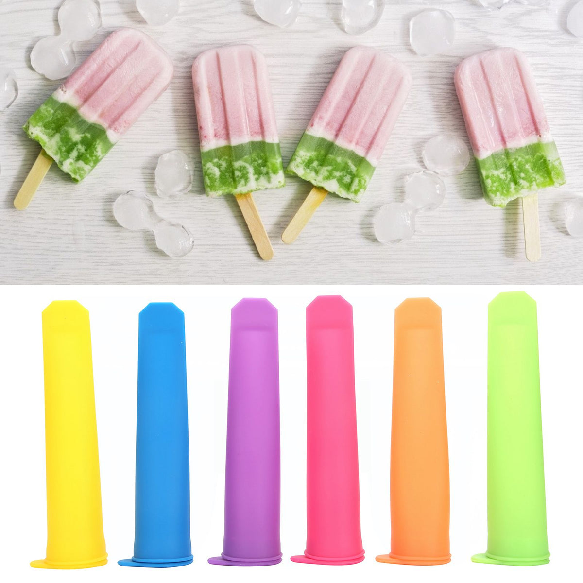 Six reusable silicone ice cream molds with lids from Everything Baby, perfect for DIY ice bars for kids and adults.