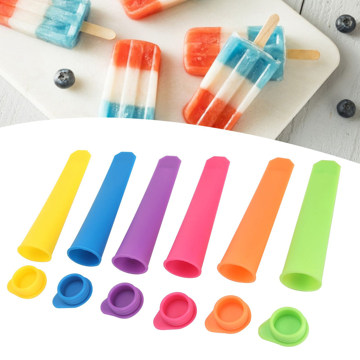 Six reusable silicone ice cream molds with lids for making DIY ice bars, suitable for kids and adults, by Everything Baby.
