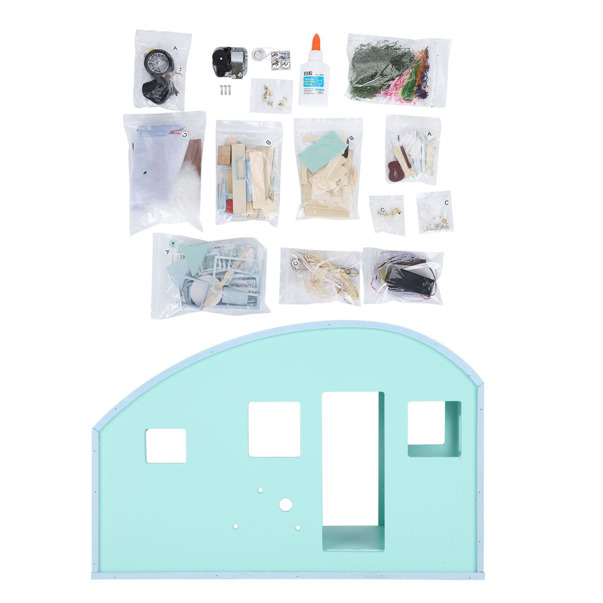 Wooden miniature dollhouse furniture kit by Everything Baby featuring musical movement, perfect for pretend play and kids' gift ideas
