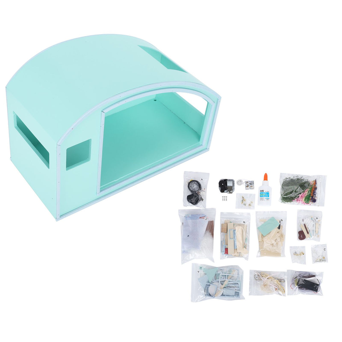 Wood miniature dollhouse furniture kit with musical movement, perfect for pretend play, from Everything Baby, ideal for kids' gifts.