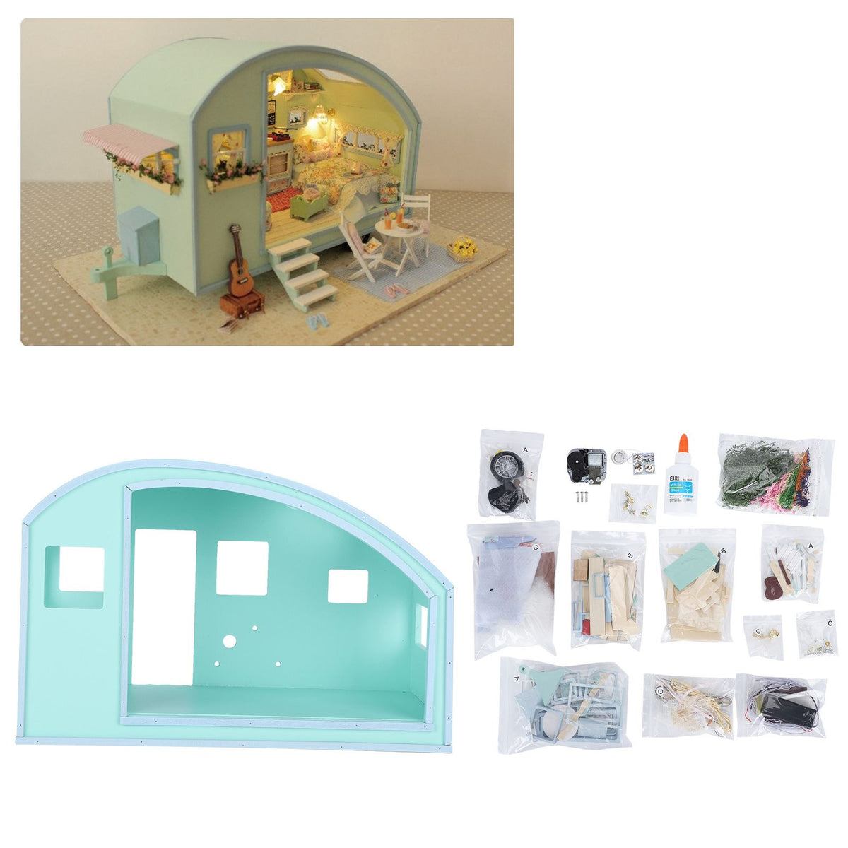 Miniature wooden dollhouse furniture kit with musical movement, perfect for pretend play, from Everything Baby, ideal for kids' gifts.