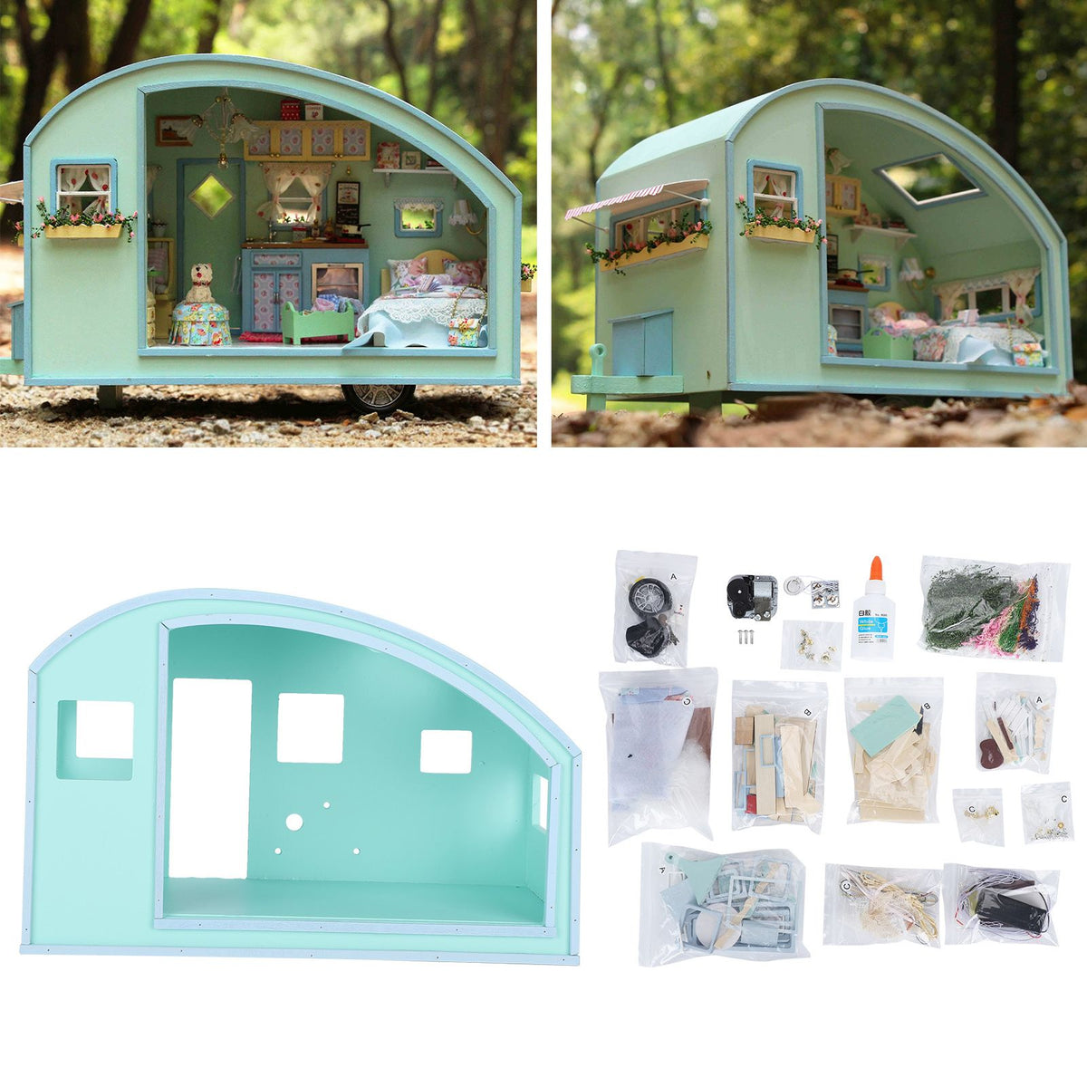 Wooden miniature dollhouse furniture kit by Everything Baby, includes musical movement, perfect for pretend play and kids' gifts.