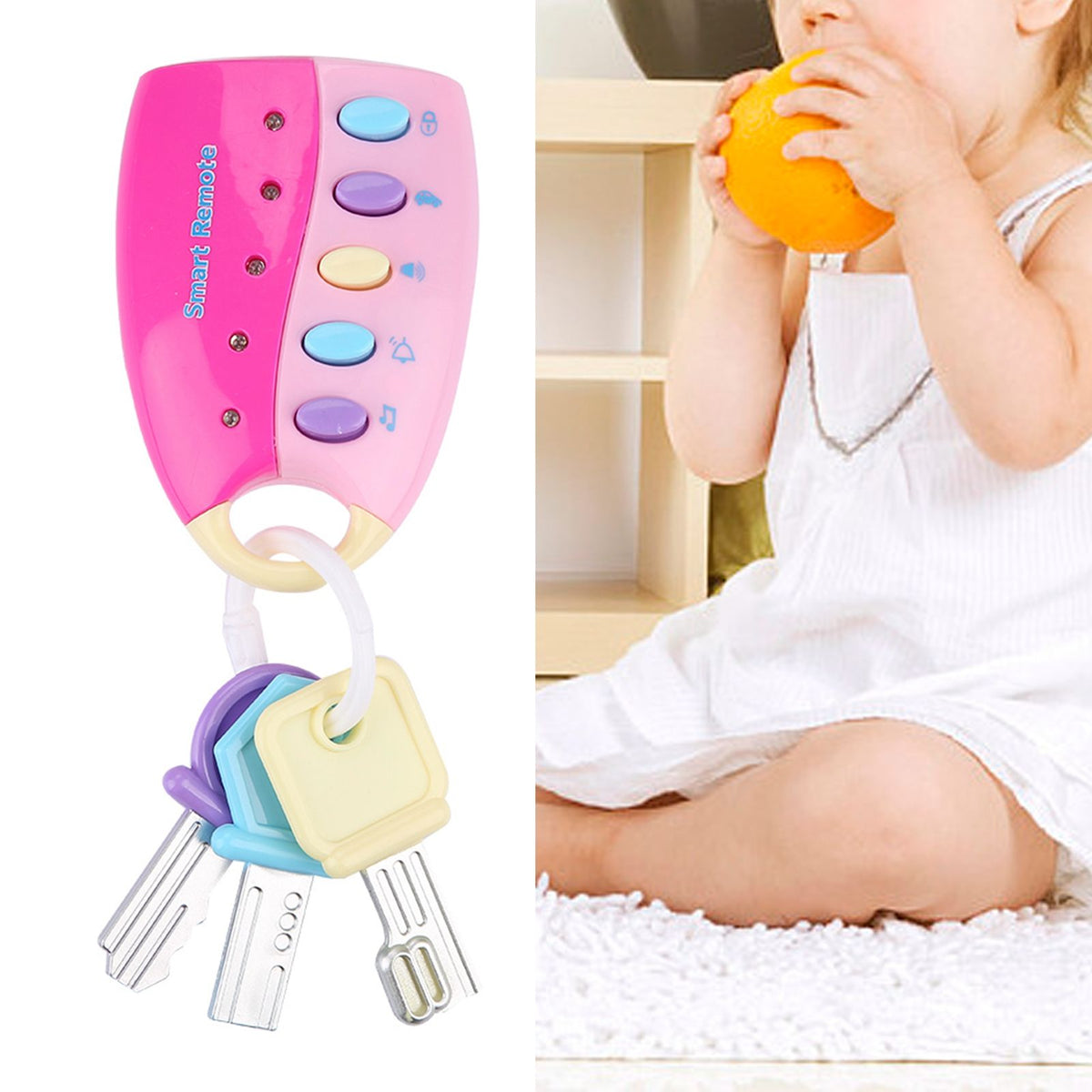 Pink simulated car key lock toy remote controller with lights and music for children, part of baby ride-on car accessories.