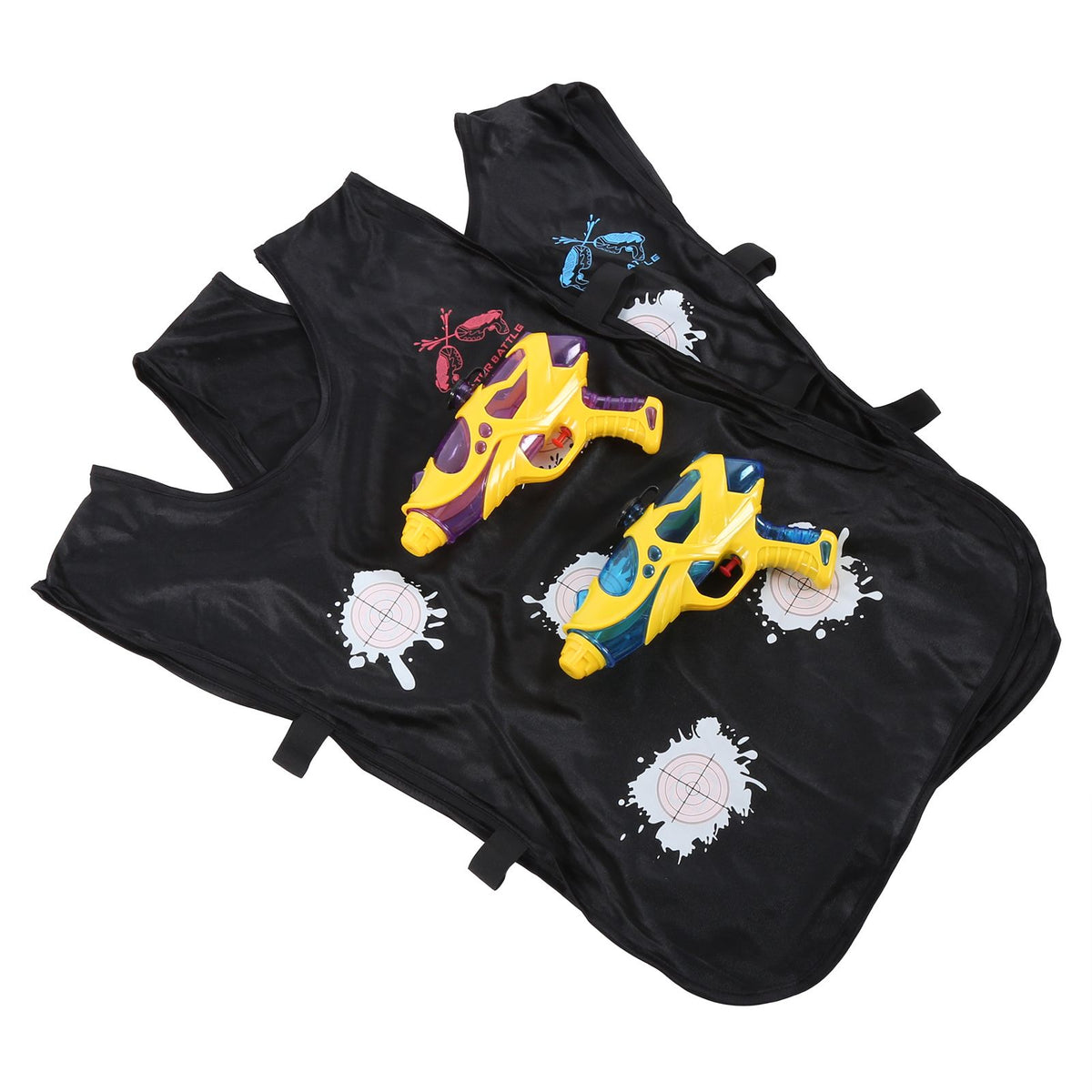 Color changing water gun and vest set for kids, outdoor water play toy by Everything Baby, includes two water guns and two vests.