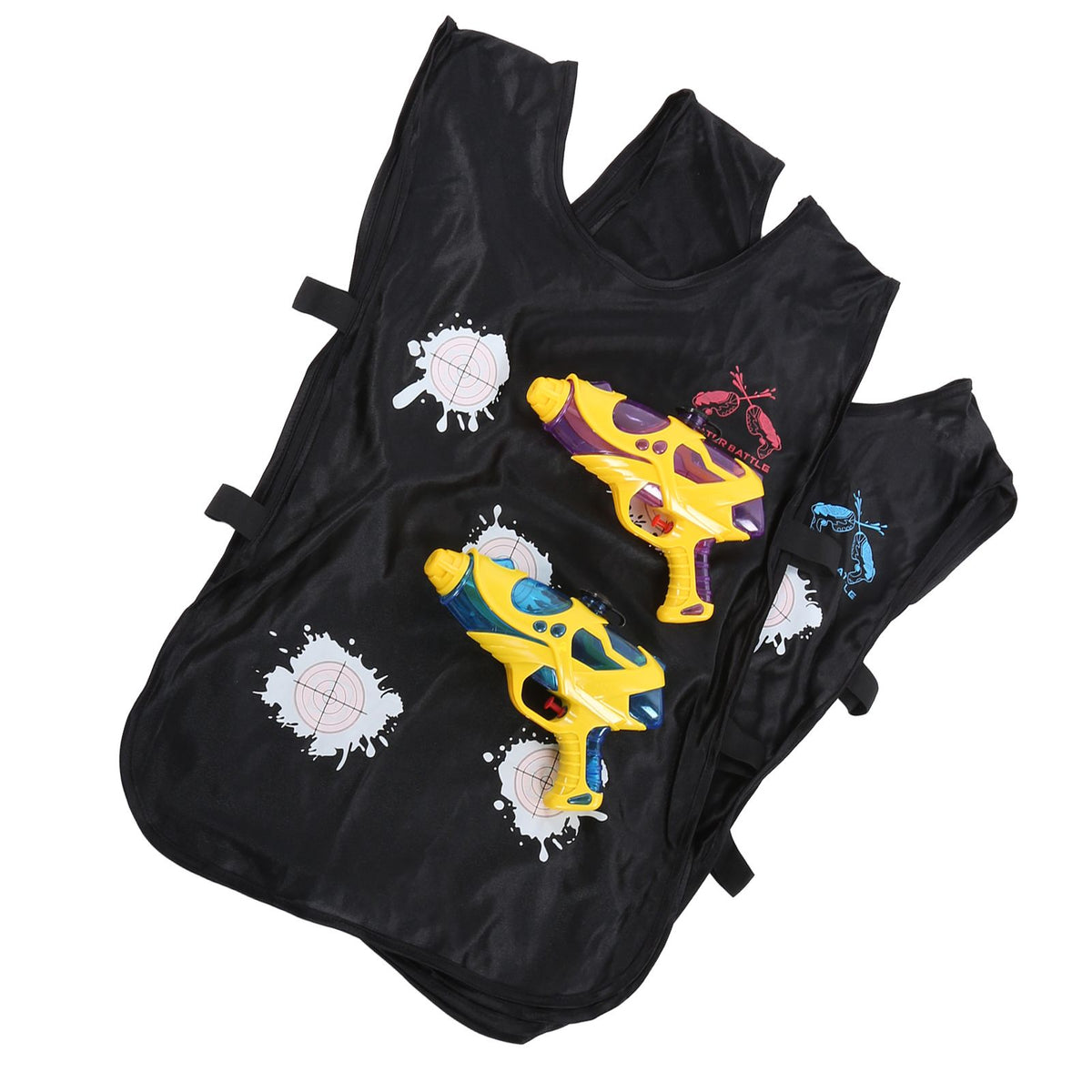 Color changing water gun and vest toy set for kids, outdoor water play, includes two water guns and two vests for children.