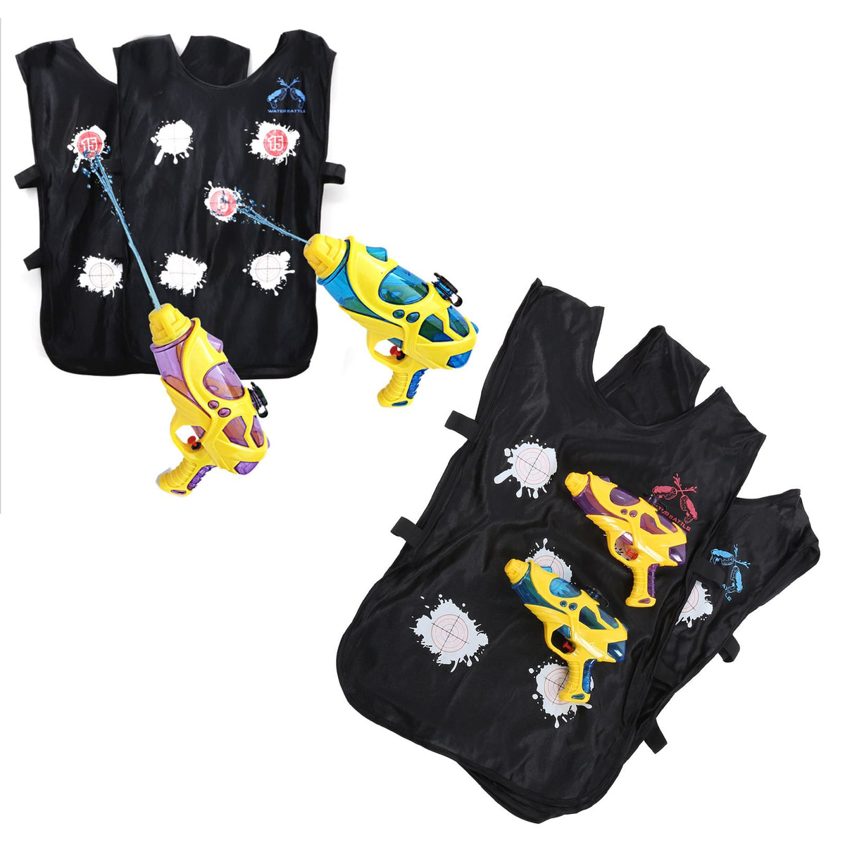 Color-changing water gun and vest toy set for kids, featuring two water guns and two vests for outdoor play.