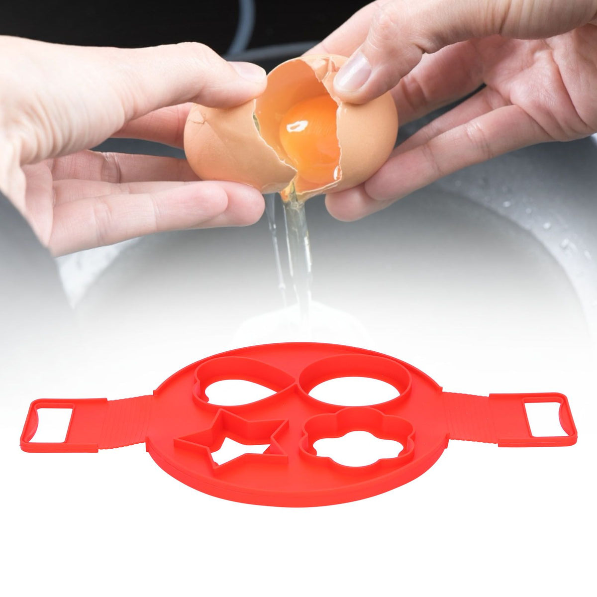 Reusable red egg mold and pancake maker from Everything Baby, non-stick cooking utensil for easy egg and pancake shaping.