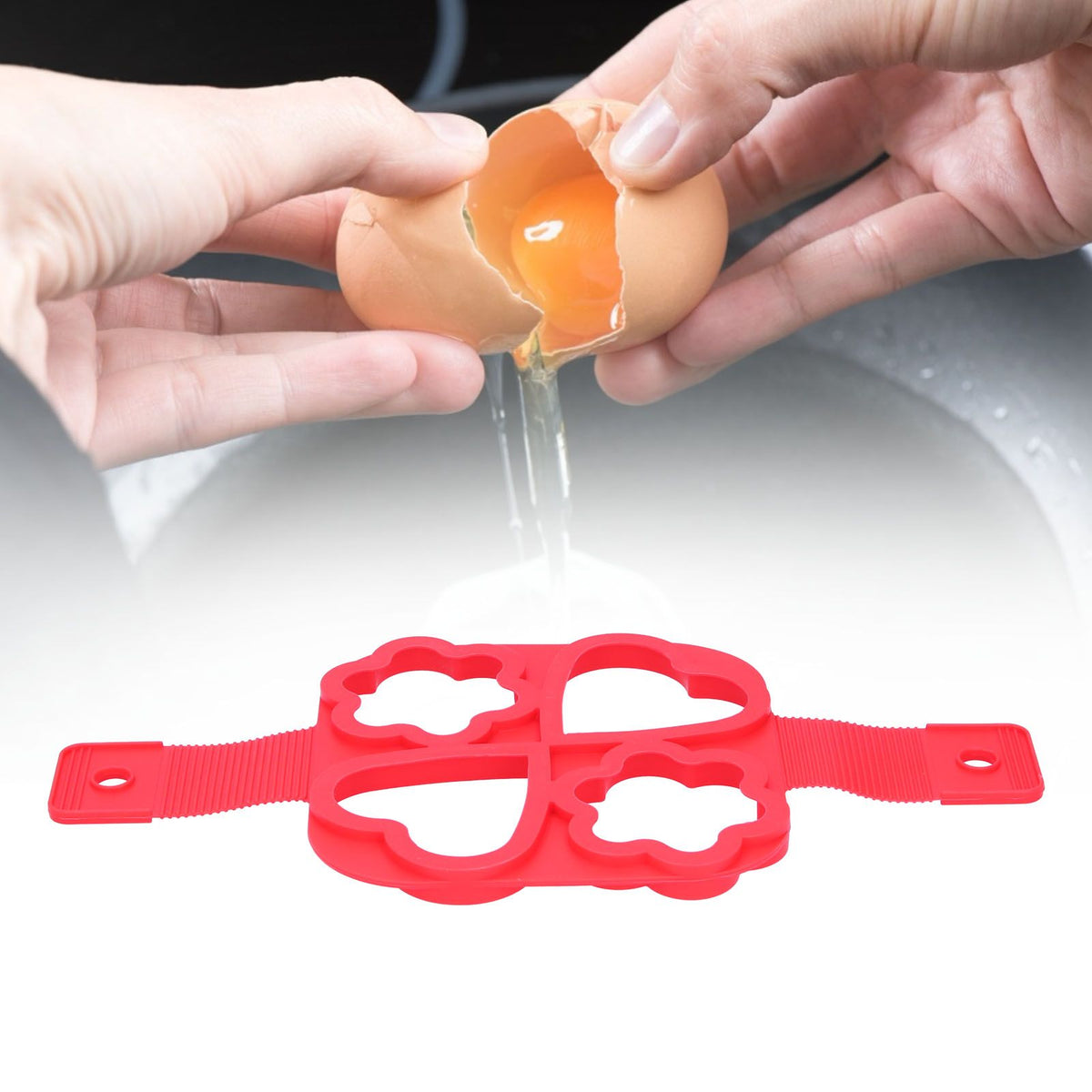 Reusable red egg mold from Everything Baby, non-stick pancake and egg maker utensil for cooking and feeding.