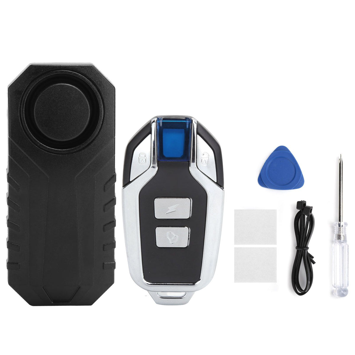 Black anti-theft alarm with vibration alert for bicycles, scooters, and motorcycles from Everything Baby, ideal for home use and security.