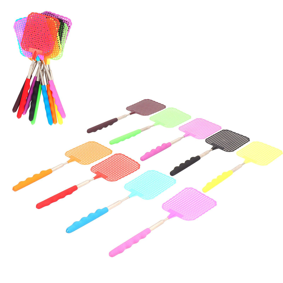 Mini fly swatter set with retractable stainless steel rods, ideal for outdoor play and camping, designed for kids and families.