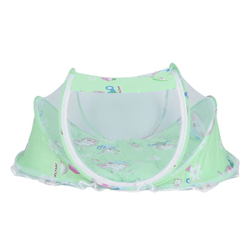 Foldable green baby mosquito-proof bed with cotton pillow and pad, designed for home and outdoor use by Everything Baby.