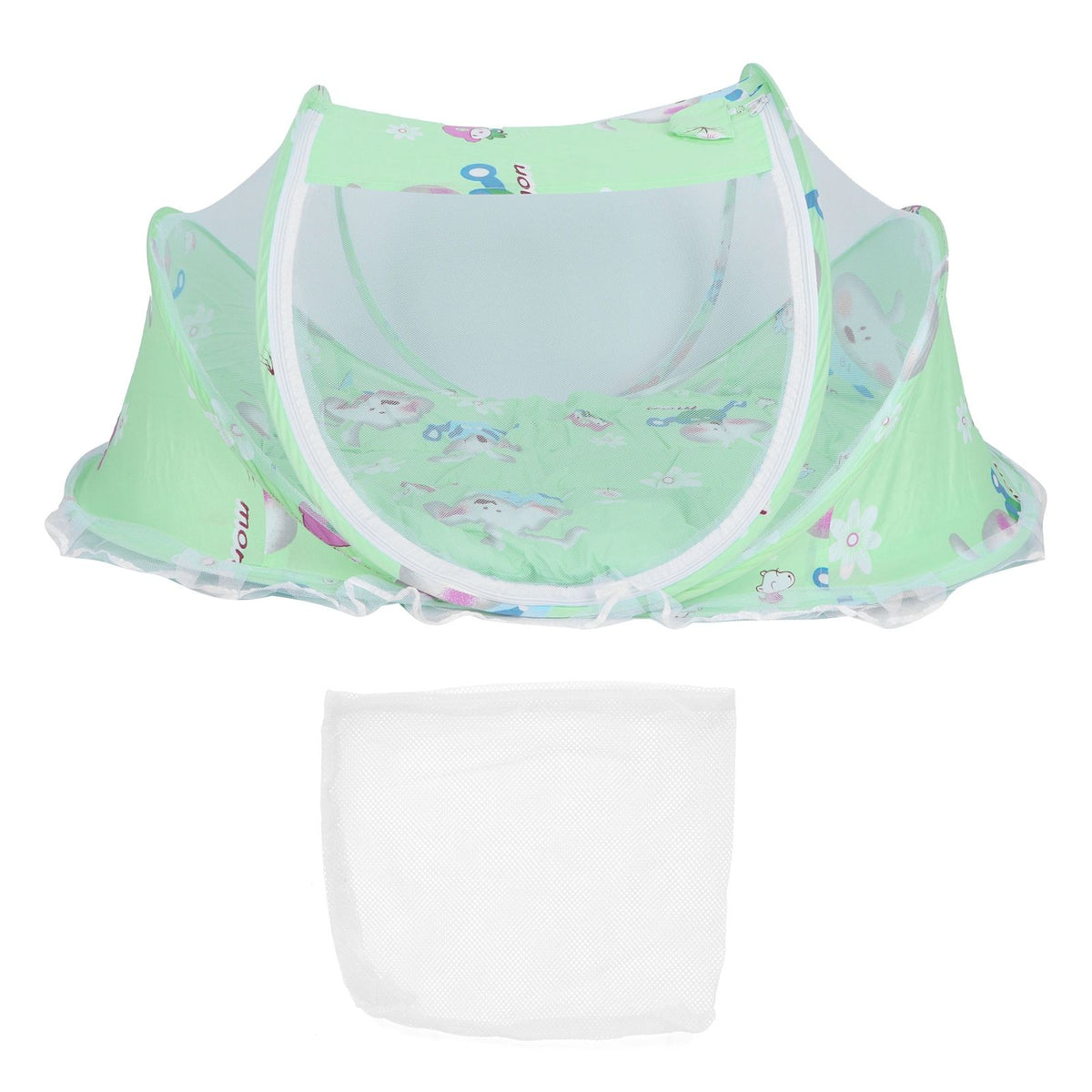 Green foldable baby mosquito-proof bed with cotton pillow and pad, perfect for home or outdoor use by Everything Baby.