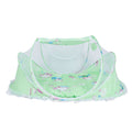 Green foldable baby mosquito-proof bed with cotton pillow and pad, designed for infants and toddlers by Everything Baby.