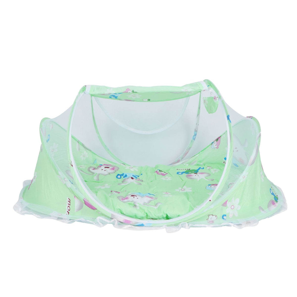 Green foldable baby mosquito-proof bed with cotton pillow and pad, designed for infants and toddlers by Everything Baby.