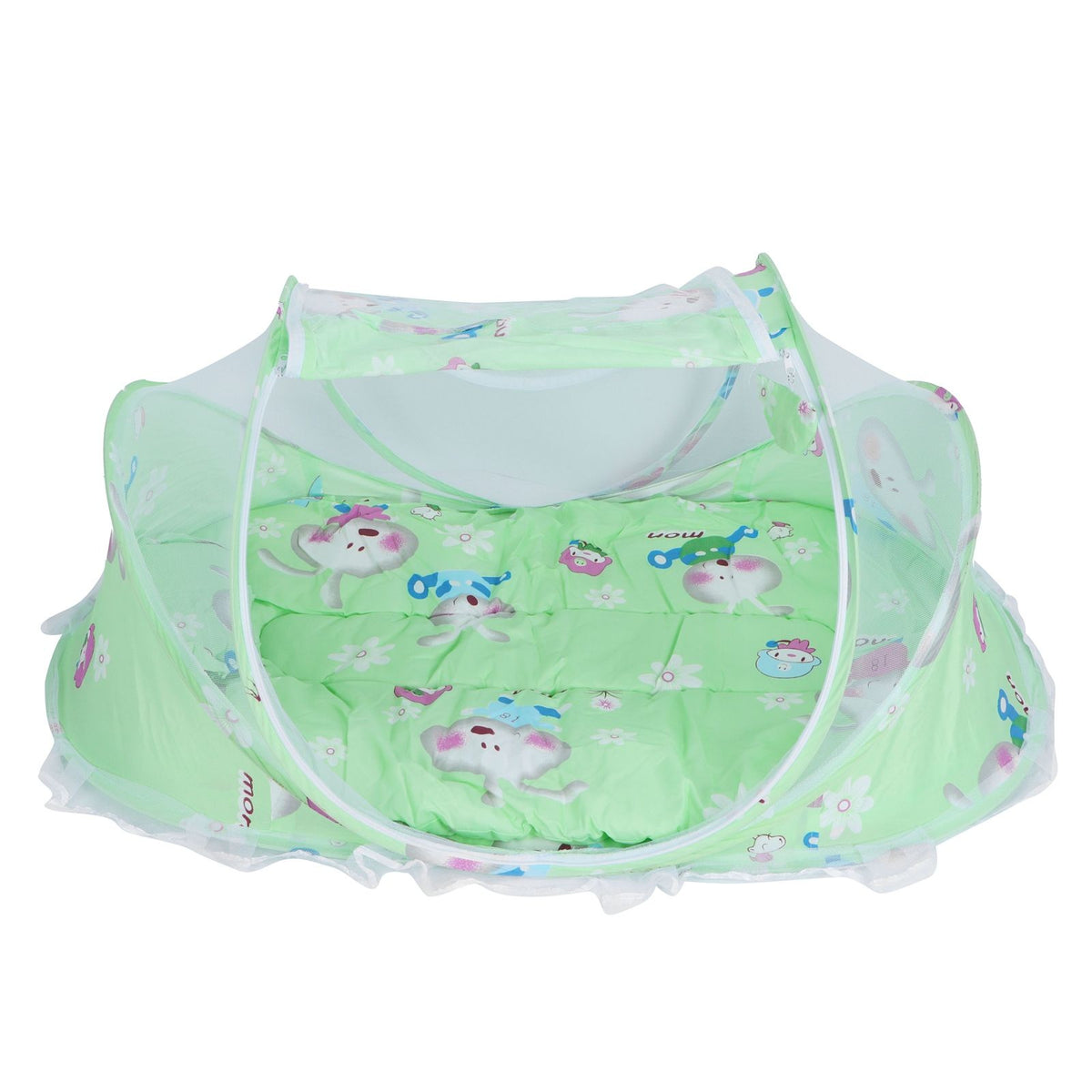 Foldable green baby mosquito-proof bed with cotton pillow and pad, ideal for home or outdoor use, by Everything Baby.