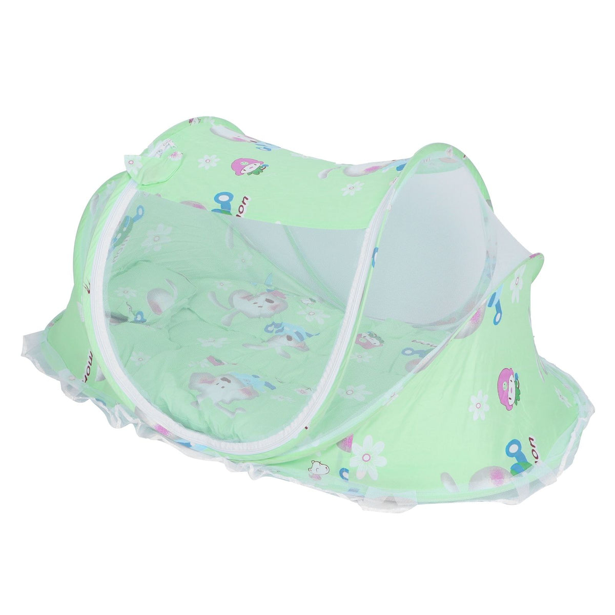Foldable green baby mosquito-proof bed with cotton pillow and pad, ideal for home or outdoor use by Everything Baby.