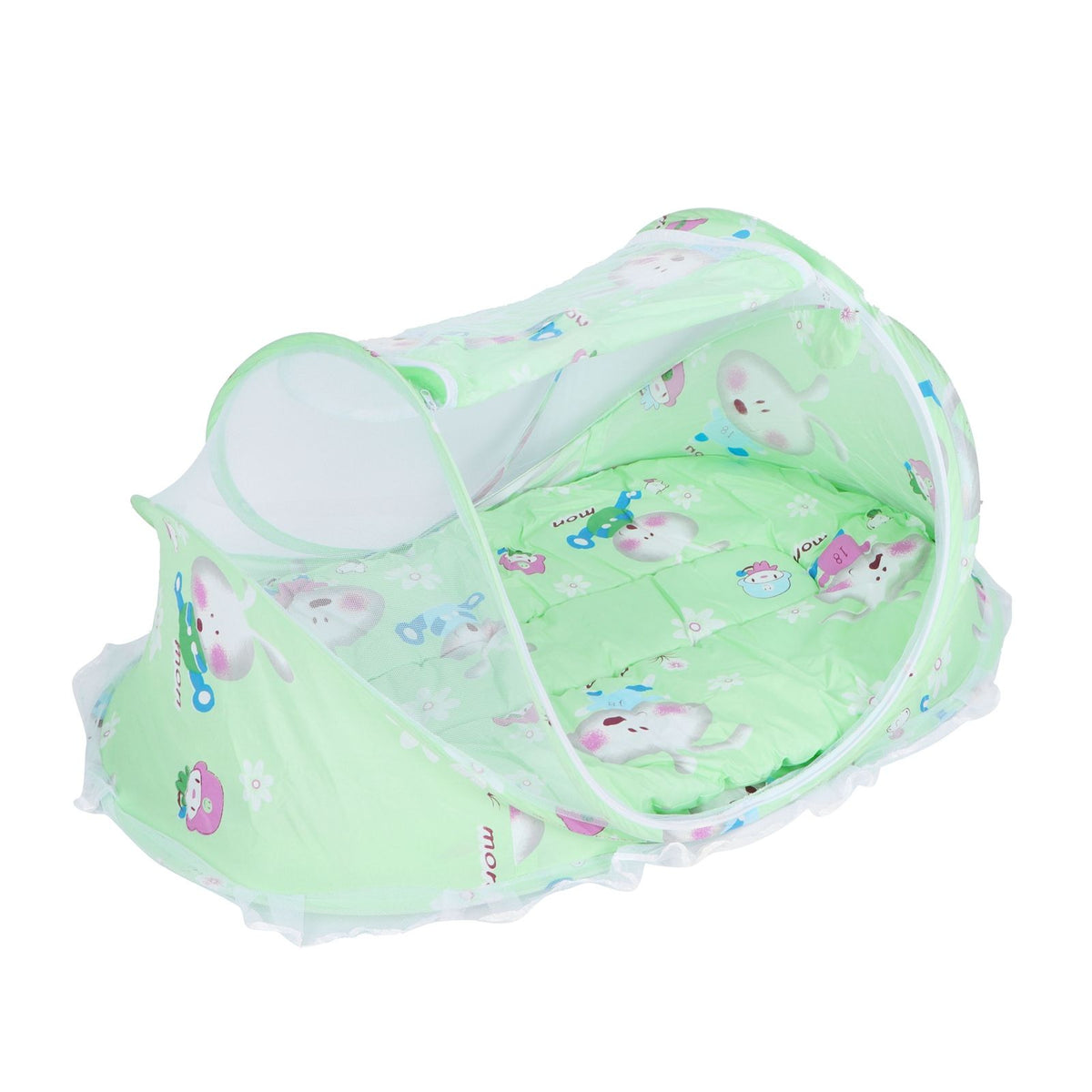Foldable green baby mosquito-proof bed with cotton pillow and pad, designed for home or outdoor use by Everything Baby.