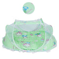 Foldable green baby mosquito-proof bed with cotton pillow and pad by Everything Baby, suitable for home and outdoor use.