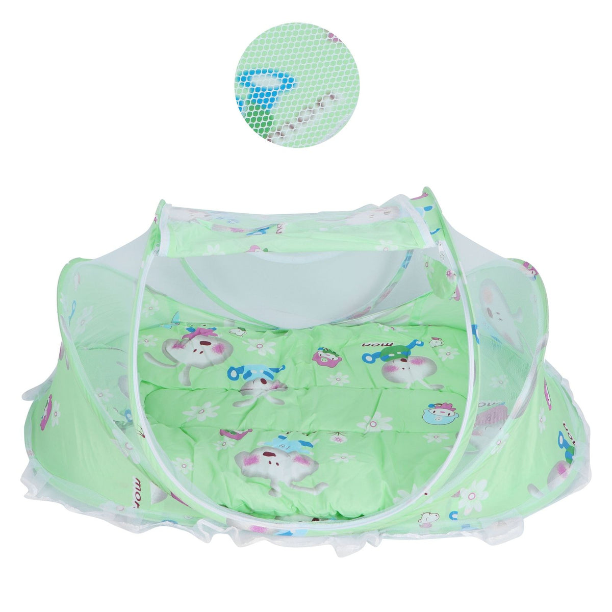 Foldable green baby mosquito-proof bed with cotton pillow and pad by Everything Baby, suitable for home and outdoor use.