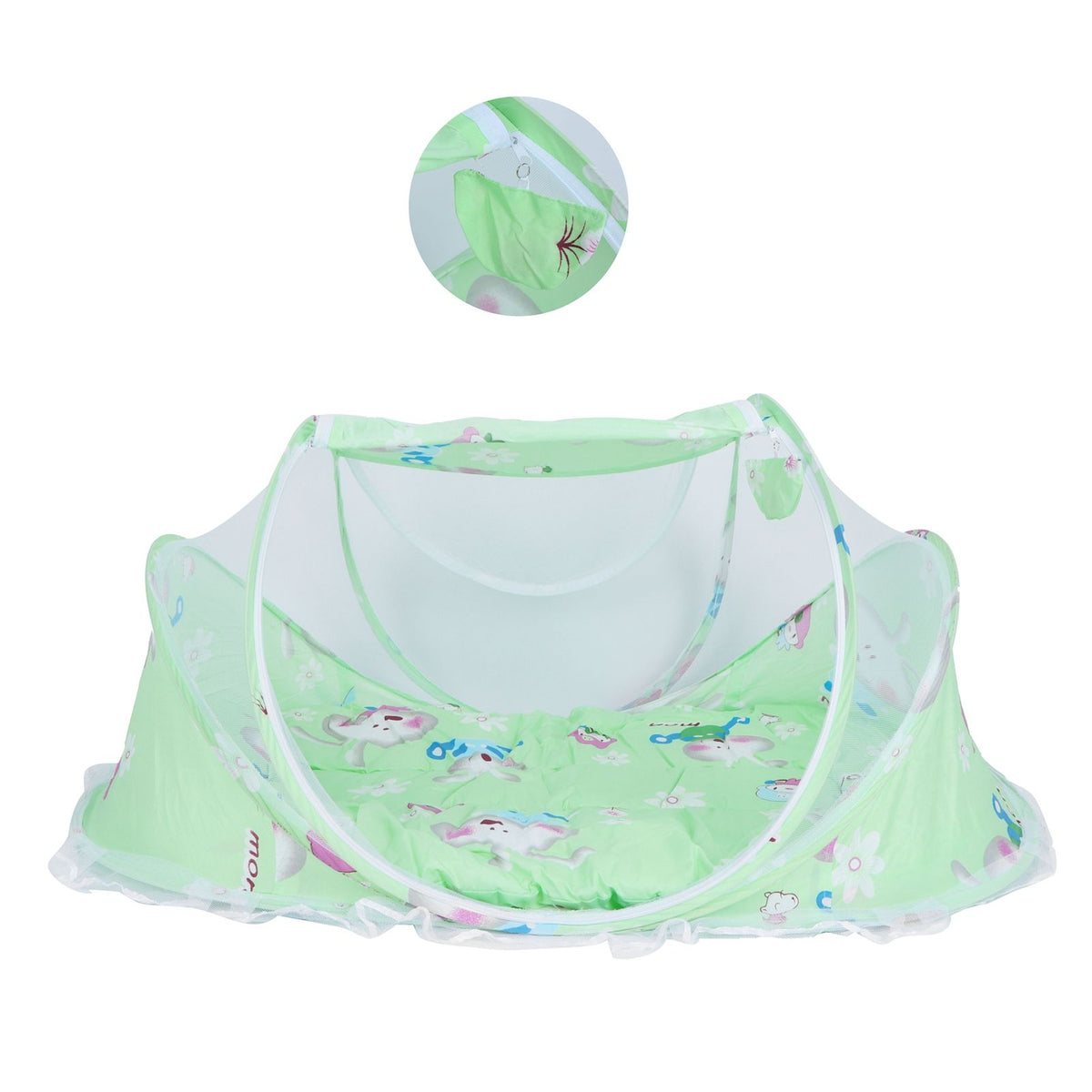 Foldable green baby mosquito-proof bed with cotton pillow and pad, ideal for home and outdoor use by Everything Baby.