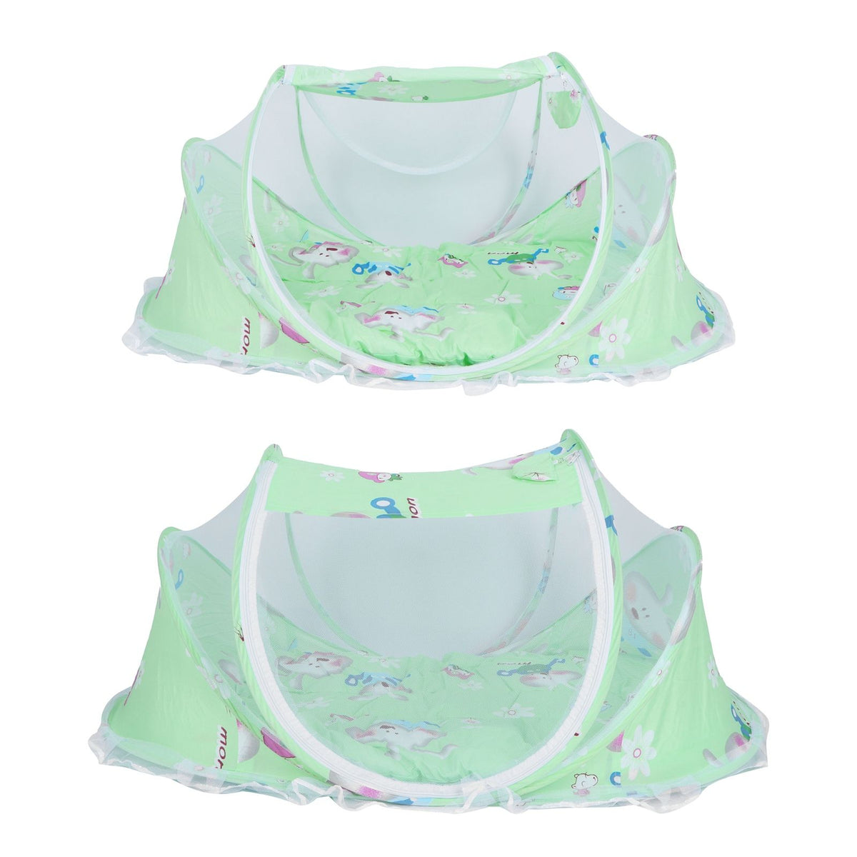 Foldable green baby mosquito-proof bed with cotton pillow and pad, suitable for home and outdoor use, by Everything Baby.