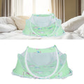 Foldable green baby mosquito-proof bed with cotton pillow and pad, designed for baby and toddler use at home or outdoors.