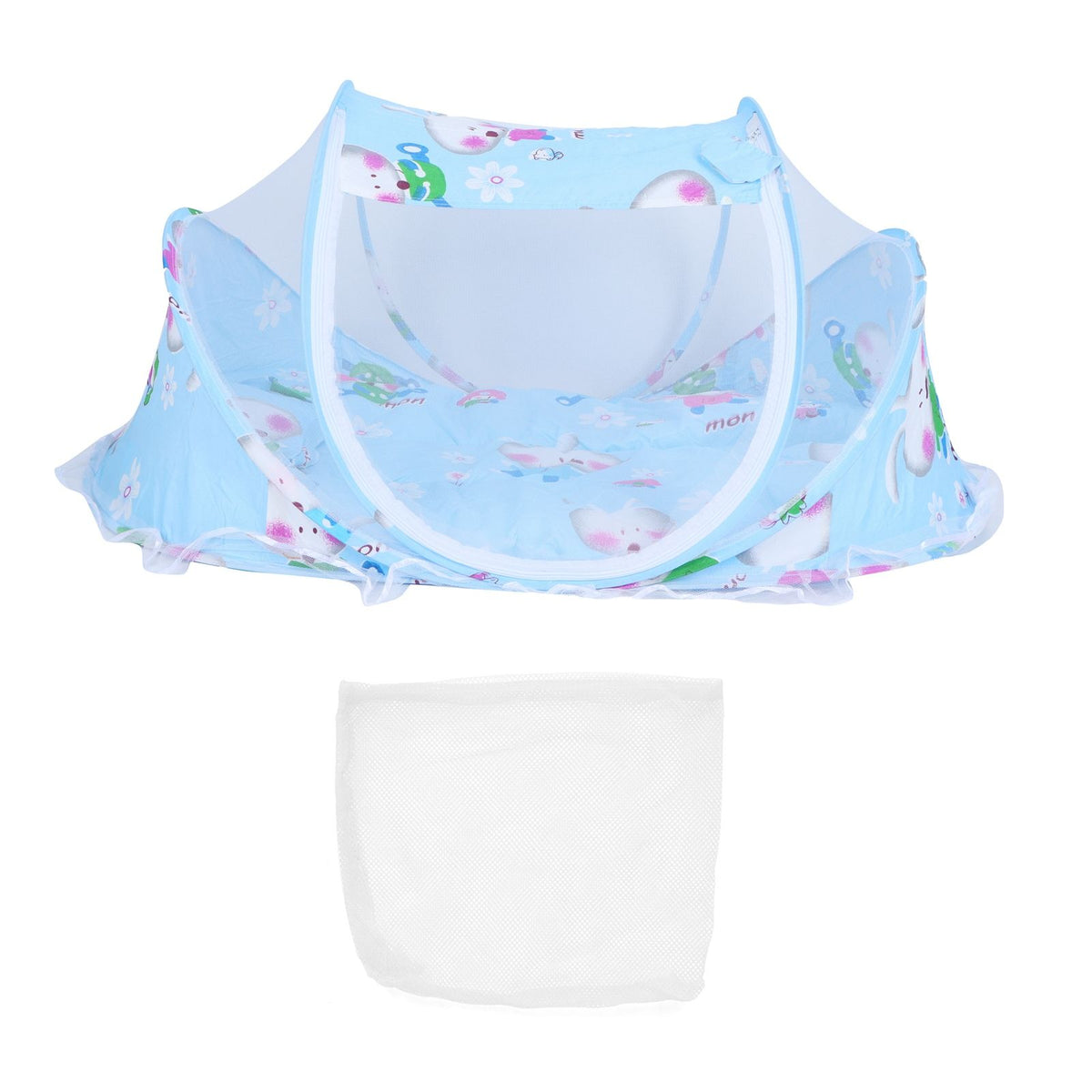Foldable blue baby mosquito-proof bed with cotton pillow and pad from Everything Baby, suitable for home and outdoor use.