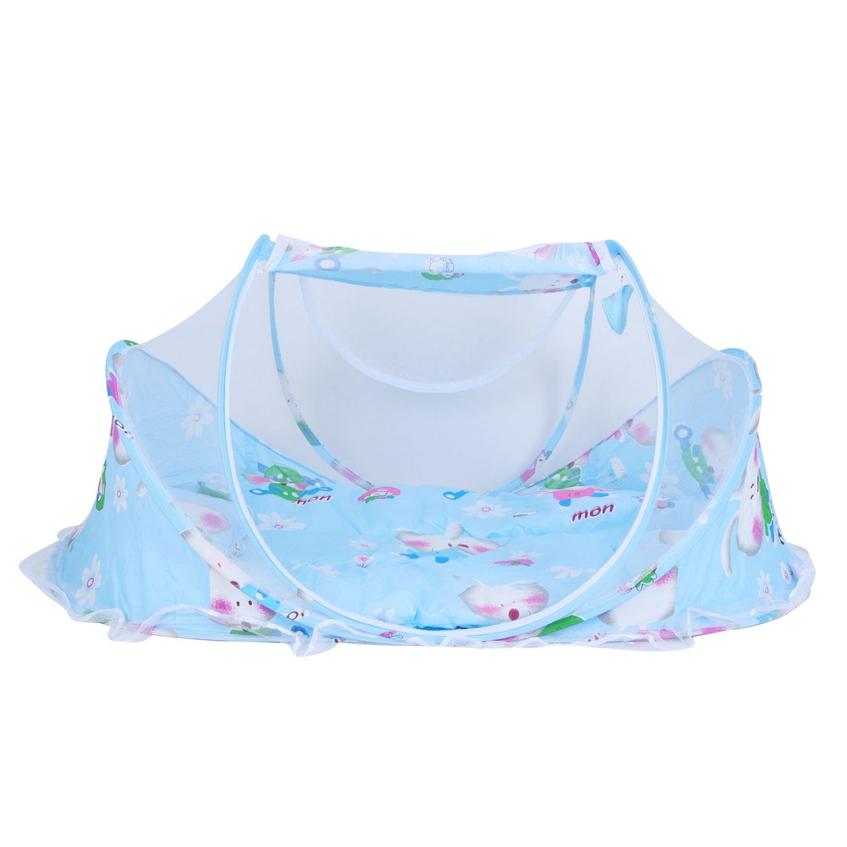 Foldable baby mosquito-proof bed with cotton pillow and pad by Everything Baby, ideal for home or outdoor use in blue.