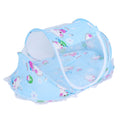 Foldable baby mosquito-proof bed with cotton pillow and pad by Everything Baby, blue, for indoor and outdoor use.