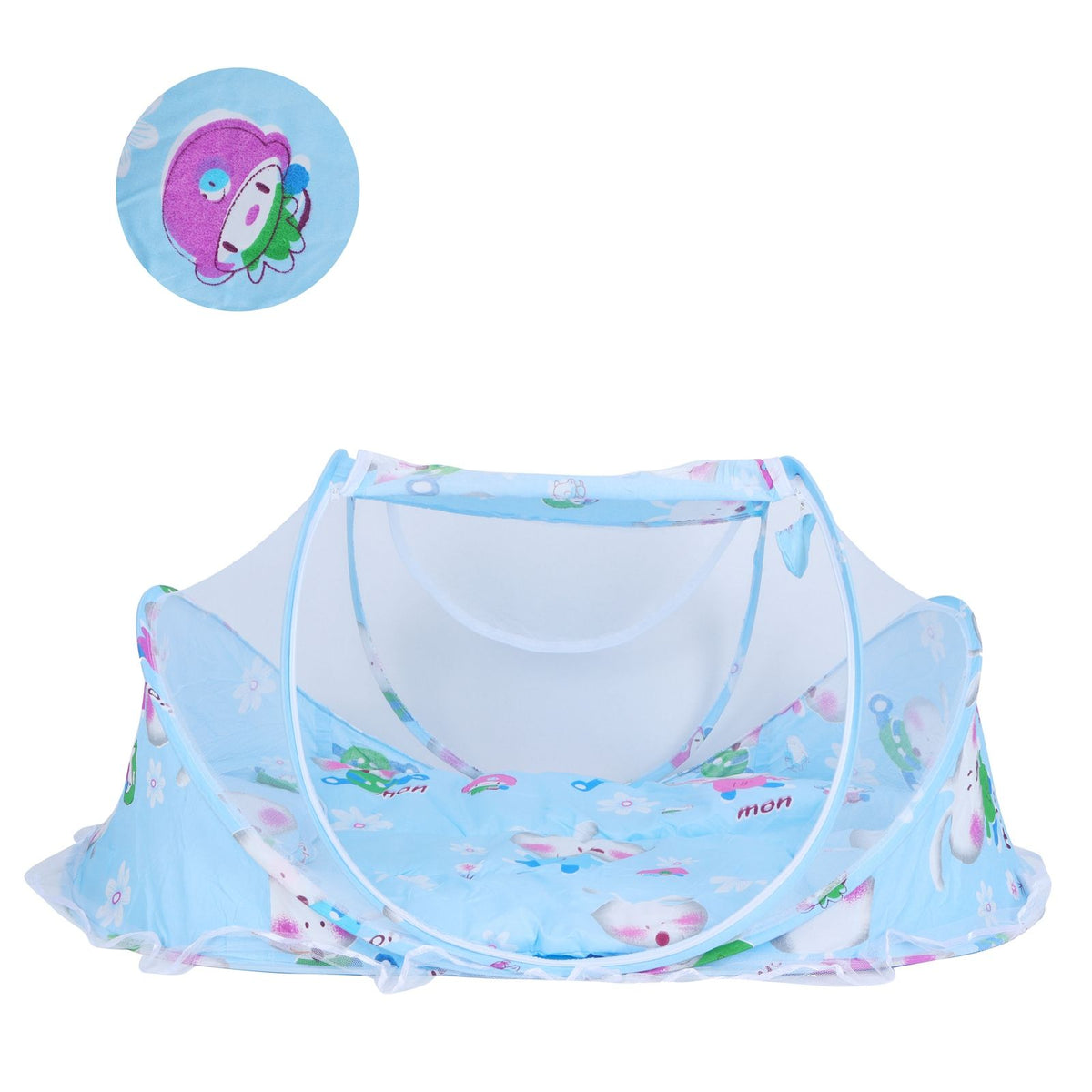 Foldable baby mosquito-proof bed with cotton pillow and pad by Everything Baby, ideal for home or outdoor use in blue.