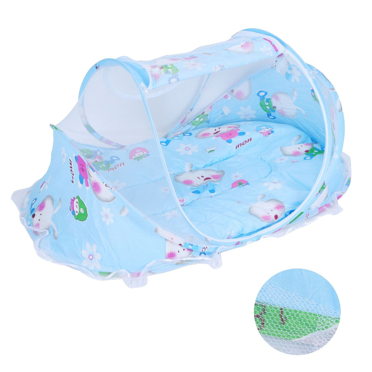 Foldable baby mosquito-proof bed with cotton pillow and pad, blue color, designed for home and outdoor use by Everything Baby.