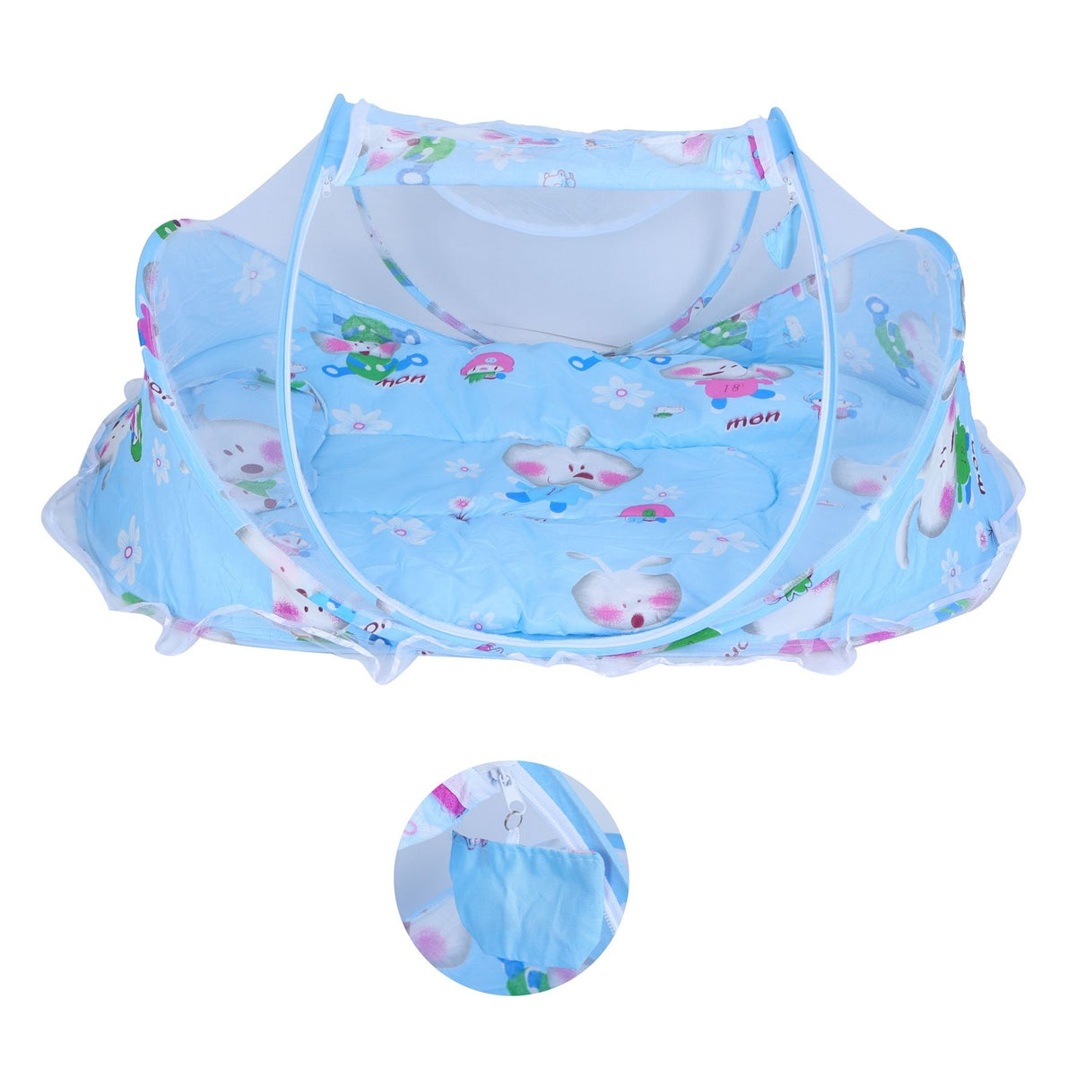 Foldable baby mosquito-proof bed with cotton pillow and pad from Everything Baby, ideal for home or outdoor use in Bleu color.