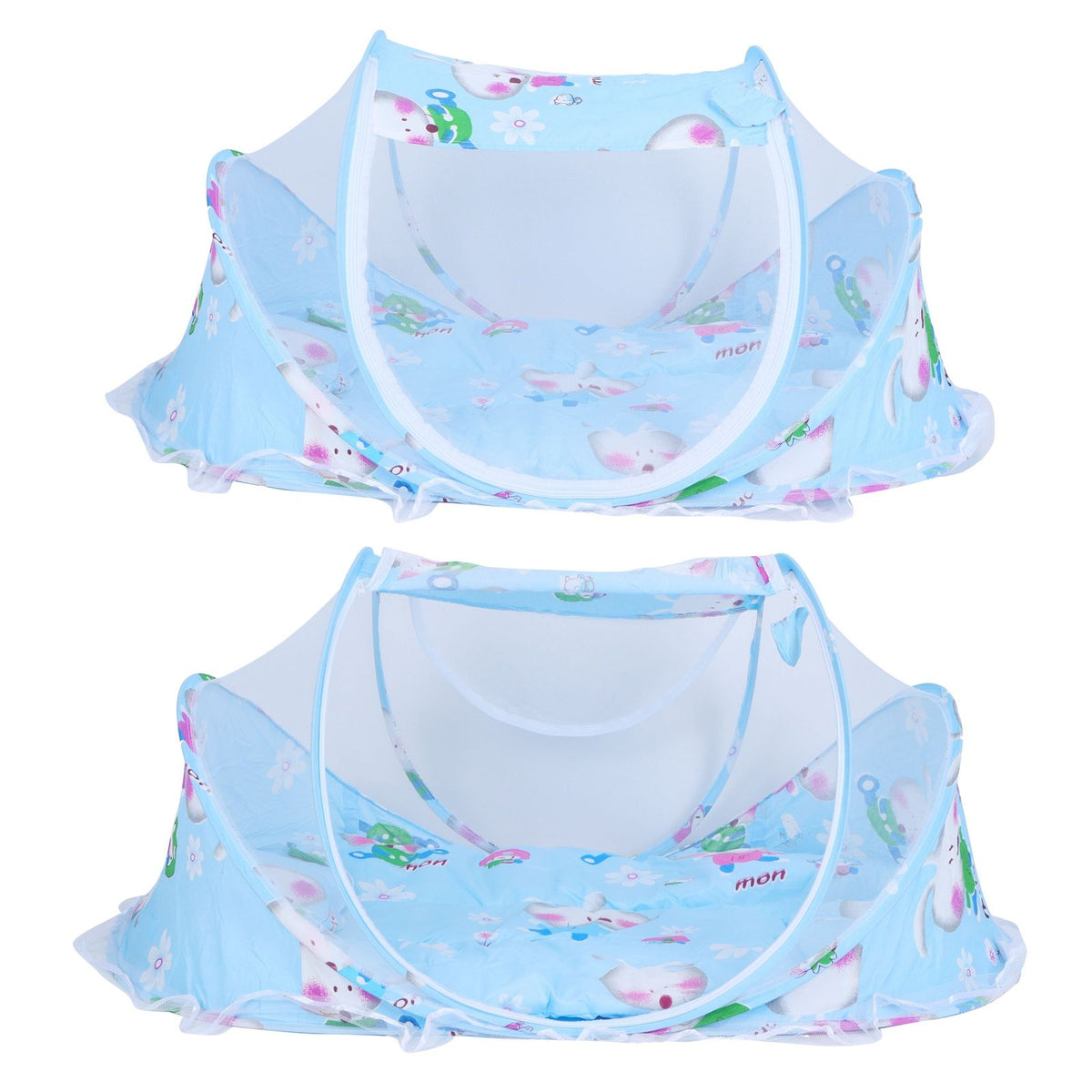 Foldable baby mosquito-proof bed with cotton pillow and pad by Everything Baby, suitable for home and outdoor use in blue.
