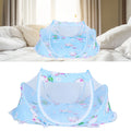 Foldable baby mosquito-proof bed with cotton pillow and pad from Everything Baby, blue, suitable for home and outdoor use.