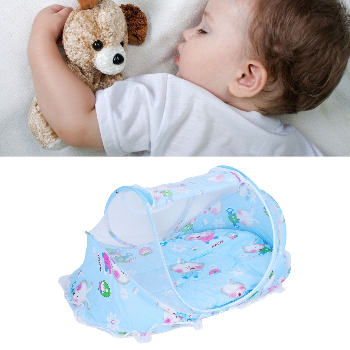 Foldable baby mosquito-proof bed with cotton pillow and pad, blue color, by Everything Baby, ideal for home and outdoor use.