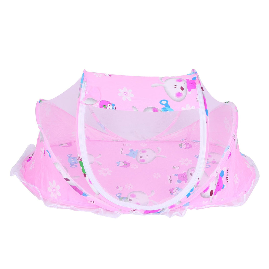 Foldable baby mosquito-proof bed with cotton pillow and pad, pink rose color, by Everything Baby, ideal for home or outdoor use.
