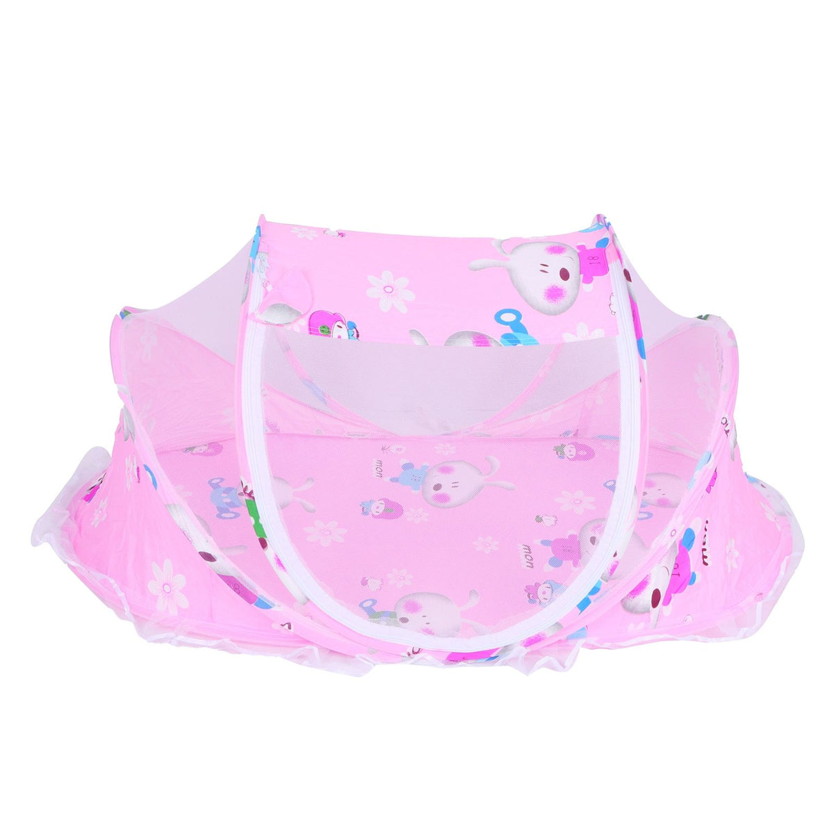 Foldable baby mosquito-proof bed with cotton pillow and pad, pink rose color, by Everything Baby, ideal for home or outdoor use.