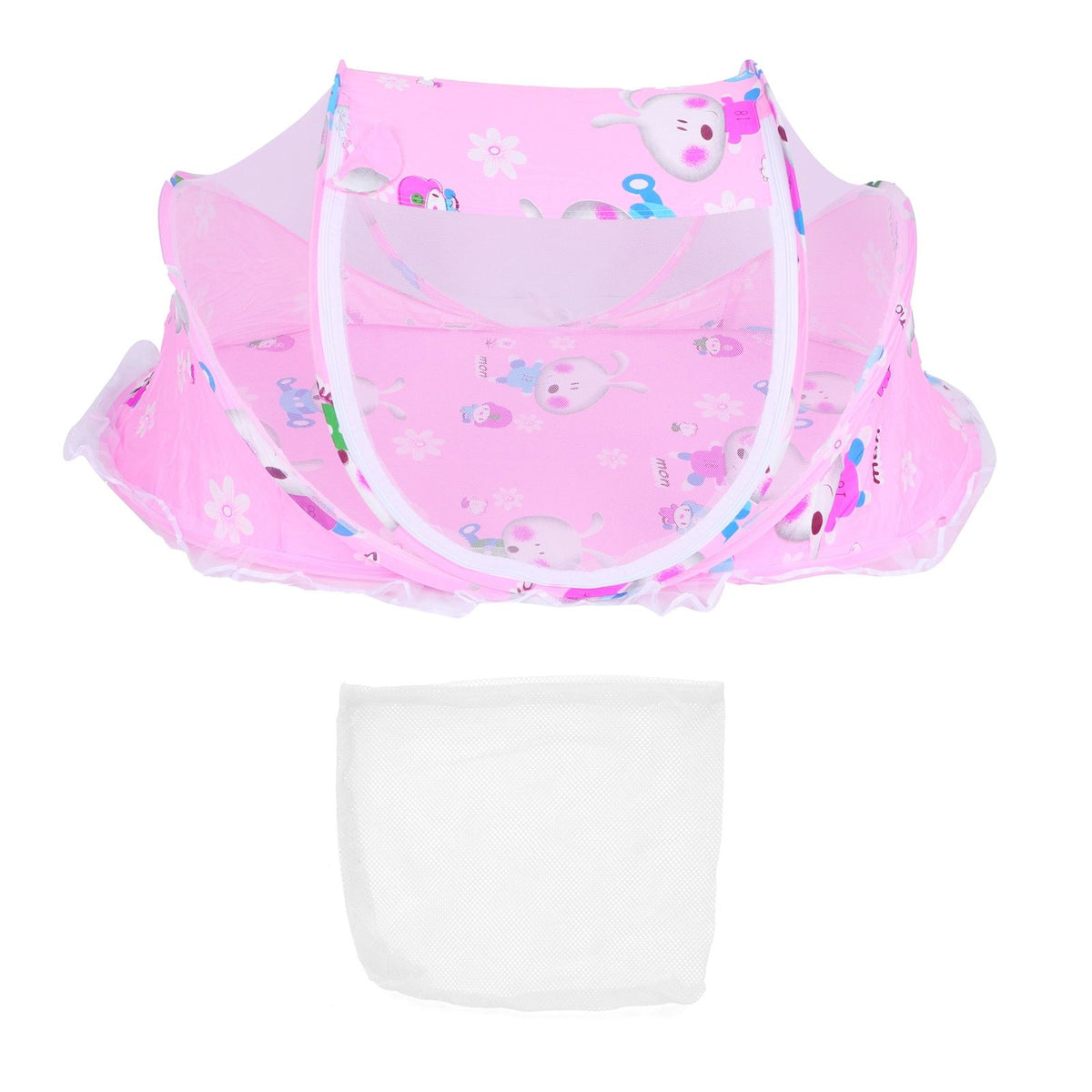 Foldable baby mosquito-proof bed with cotton pillow and pad, pink rose color, by Everything Baby for home or outdoor use.