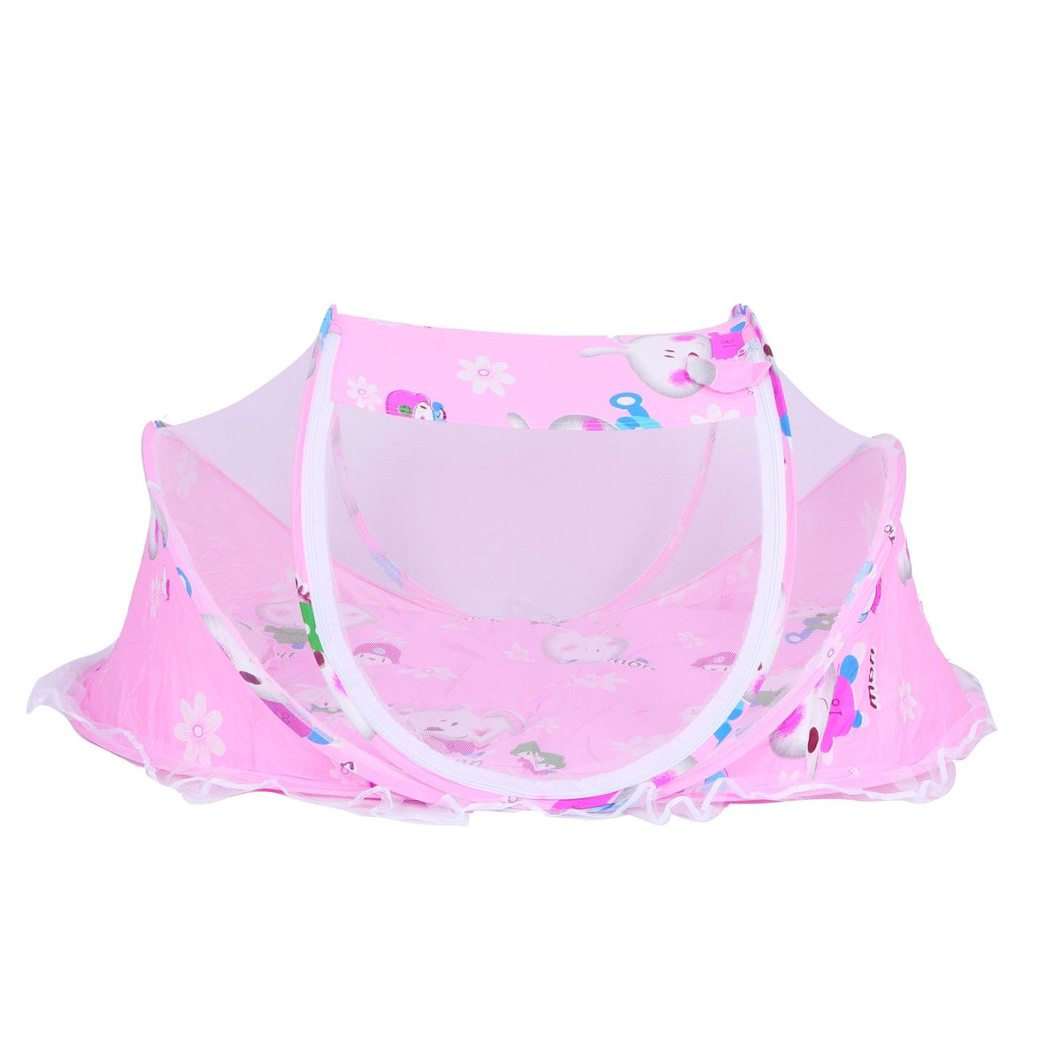 Foldable baby mosquito-proof bed with cotton pillow and pad by Everything Baby, ideal for home and outdoor use, in rose color.