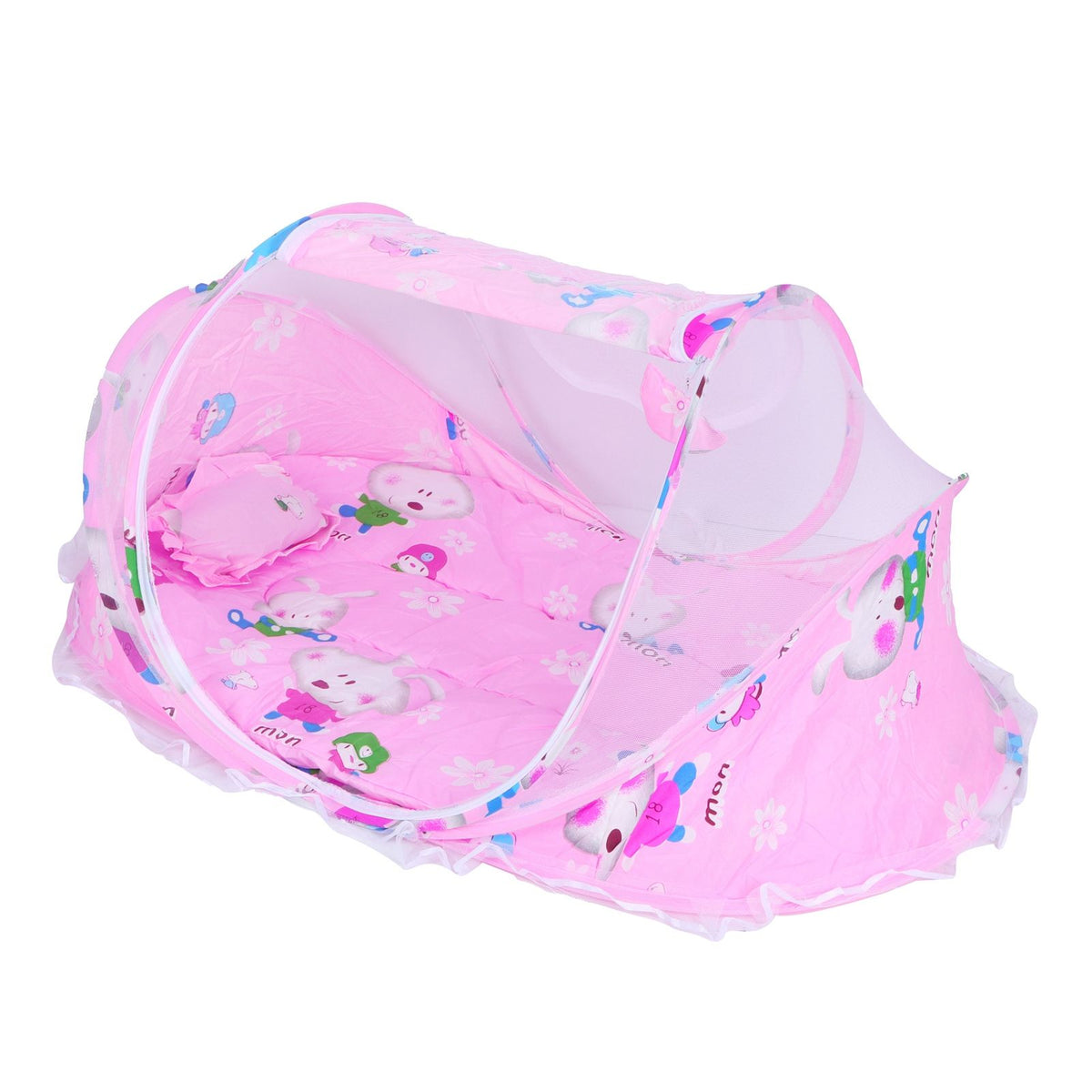 Foldable baby mosquito-proof bed with cotton pillow and pad, pink color, designed for babies and toddlers by Everything Baby.