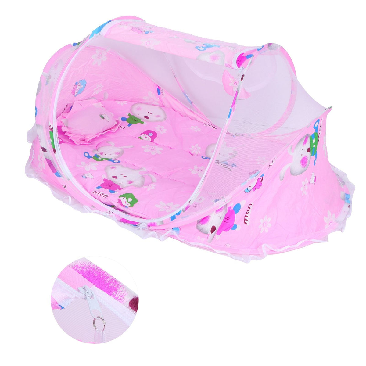 Foldable baby mosquito-proof bed with cotton pillow and pad by Everything Baby, suitable for home and outdoor use, in rose color.