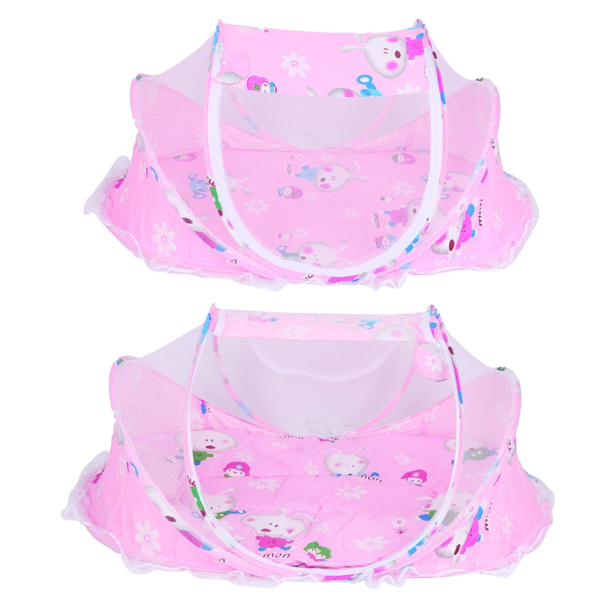 Foldable baby mosquito-proof bed with cotton pillow and pad by Everything Baby, ideal for home or outdoor use in rose color.