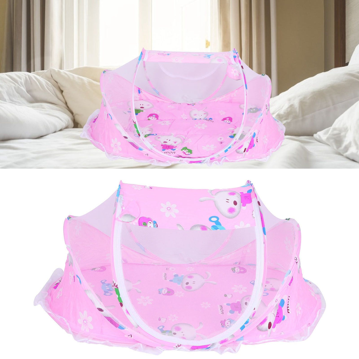 Foldable baby mosquito-proof bed with cotton pillow and pad by Everything Baby, designed for home or outdoor use, in rose color.