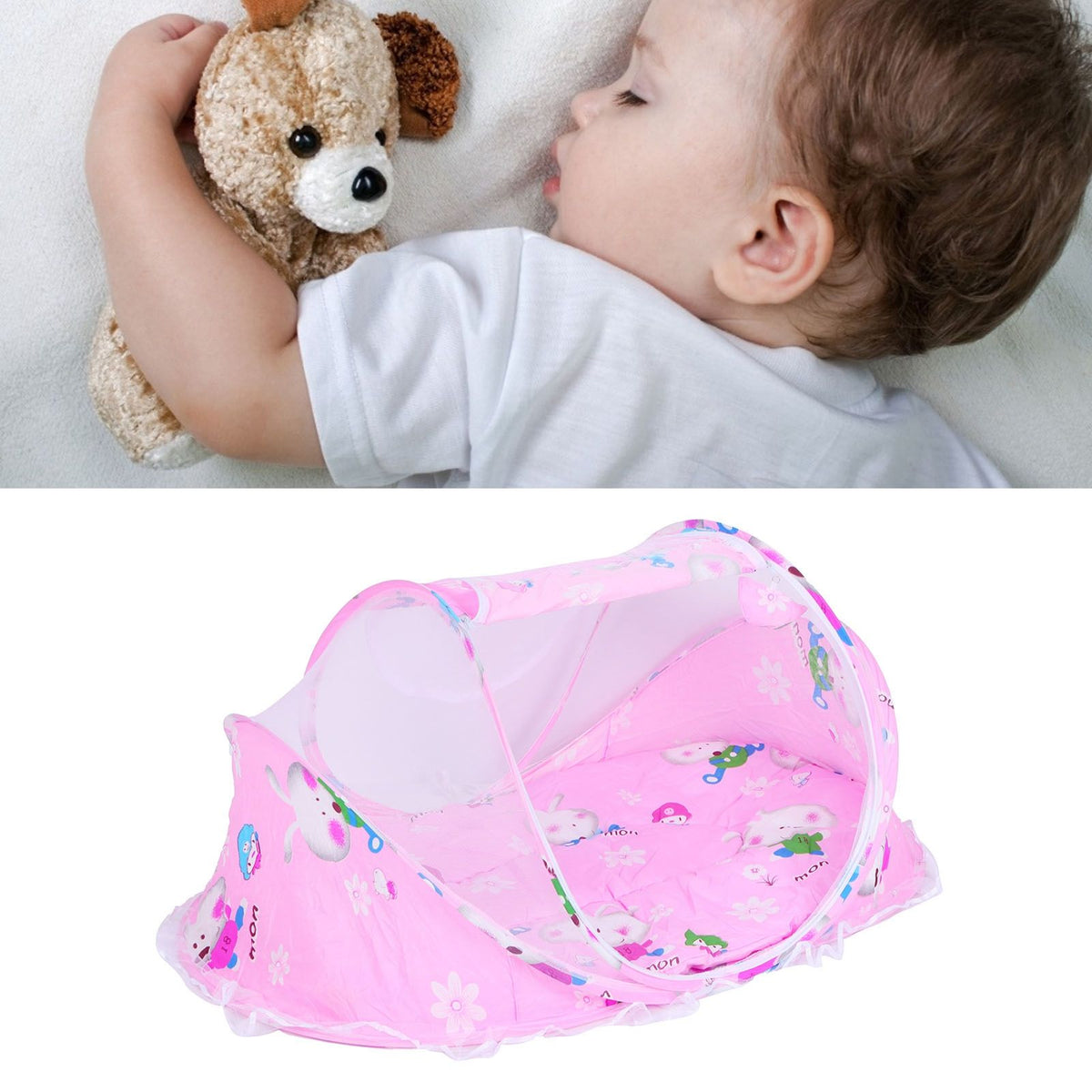 Foldable baby mosquito-proof bed with cotton pillow and pad, pink color, by Everything Baby, for indoor and outdoor use.
