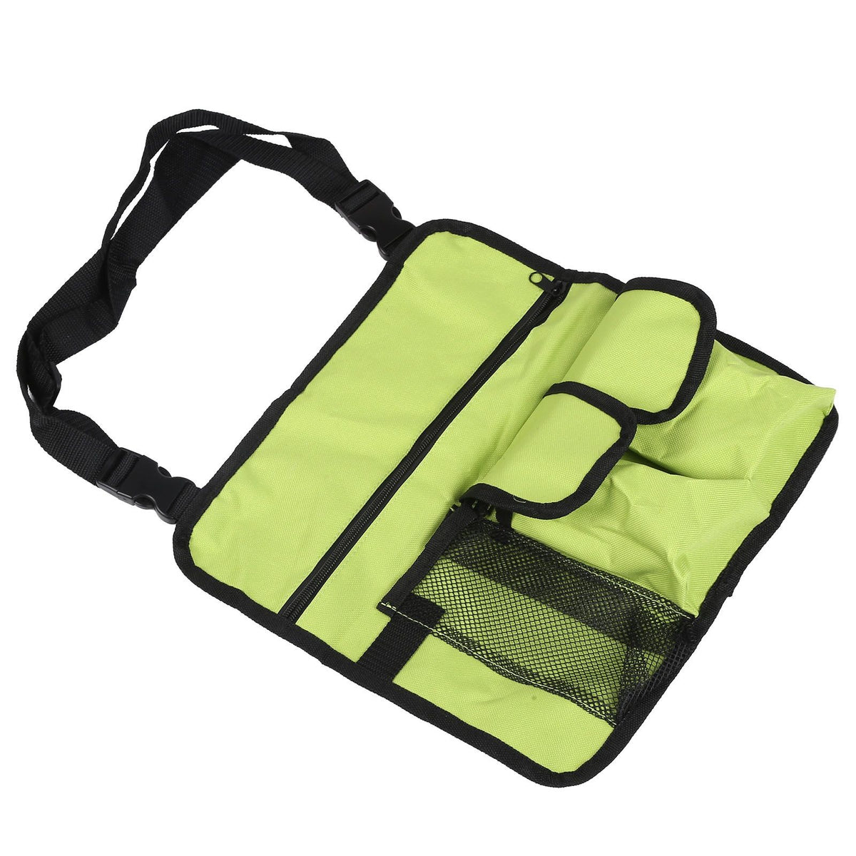 Green storage bag with shoulder strap, designed for outdoor seats and snack storage, suitable for kids and outdoor activities.