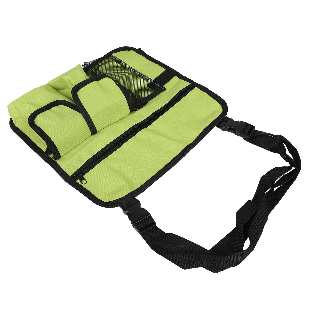 Green storage snack bag with a shoulder strap, designed for outdoor use as a portable seat and suspension storage for kids.