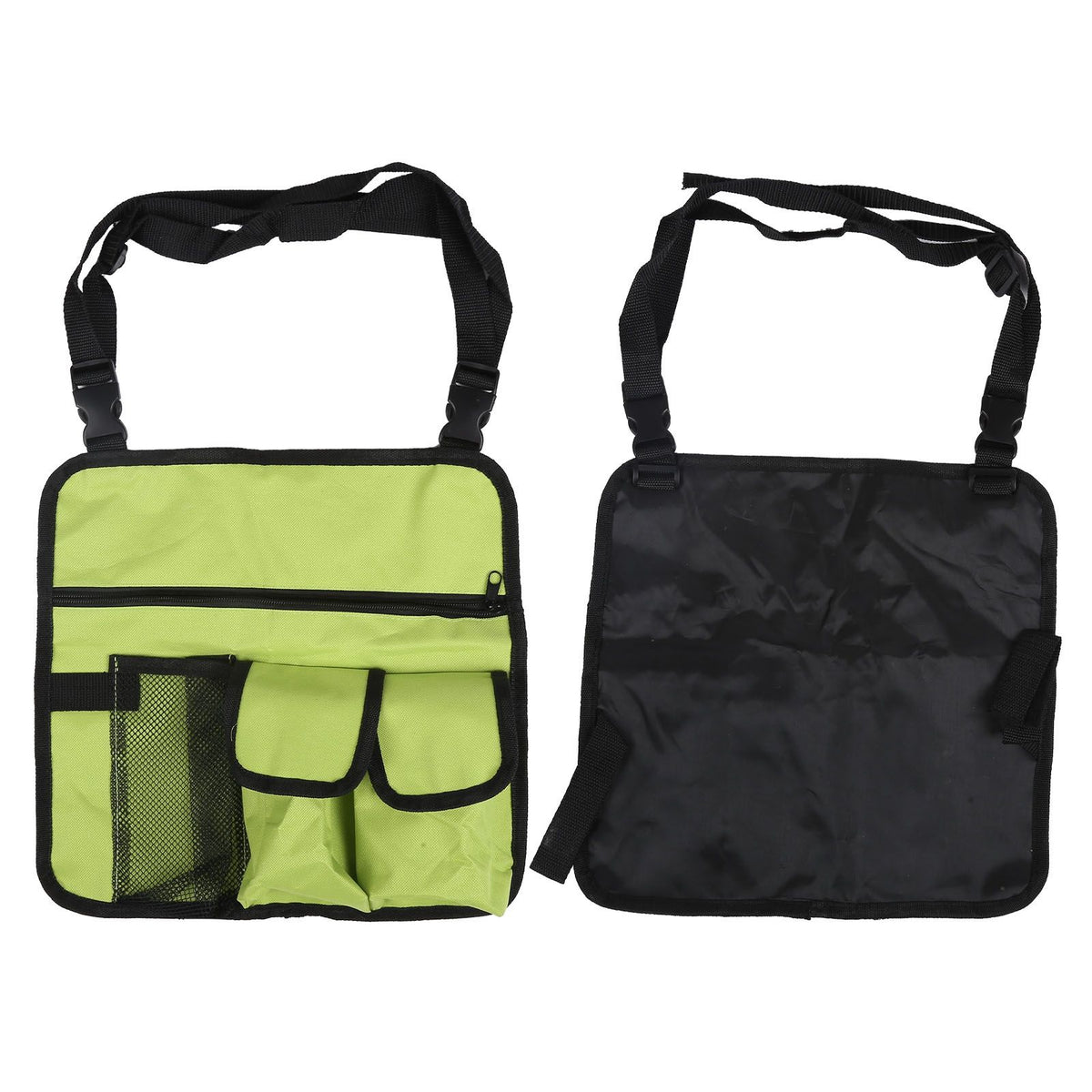 Green outdoor storage bag by Everything Baby, designed for snacks and small items, featuring a single shoulder strap and beach chair compatibility.