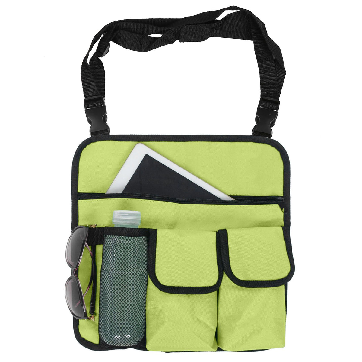 Green storage bag for outdoor beach chair or suspension seat, ideal for snacks and kids' outdoor accessories.